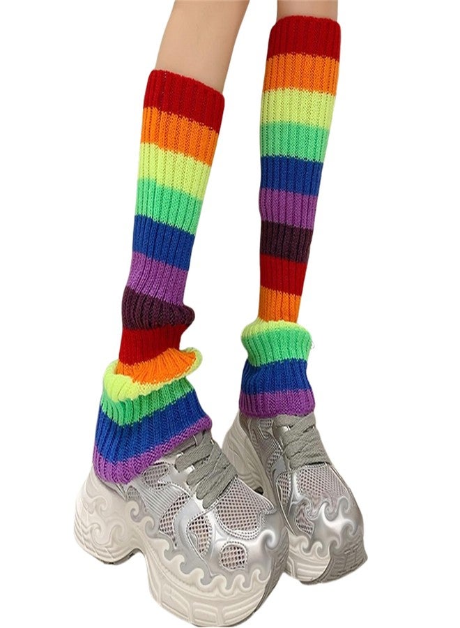 Insdark Y2k Harajuku Leg Warmers for Women Goth Rainbow Striped Knitted Rave Gothic Alt Punk Grunge Emo Knit Ice Skating Plus Size Legwarmers, Colorful Stripe Graphic, Multicolour - Image 1